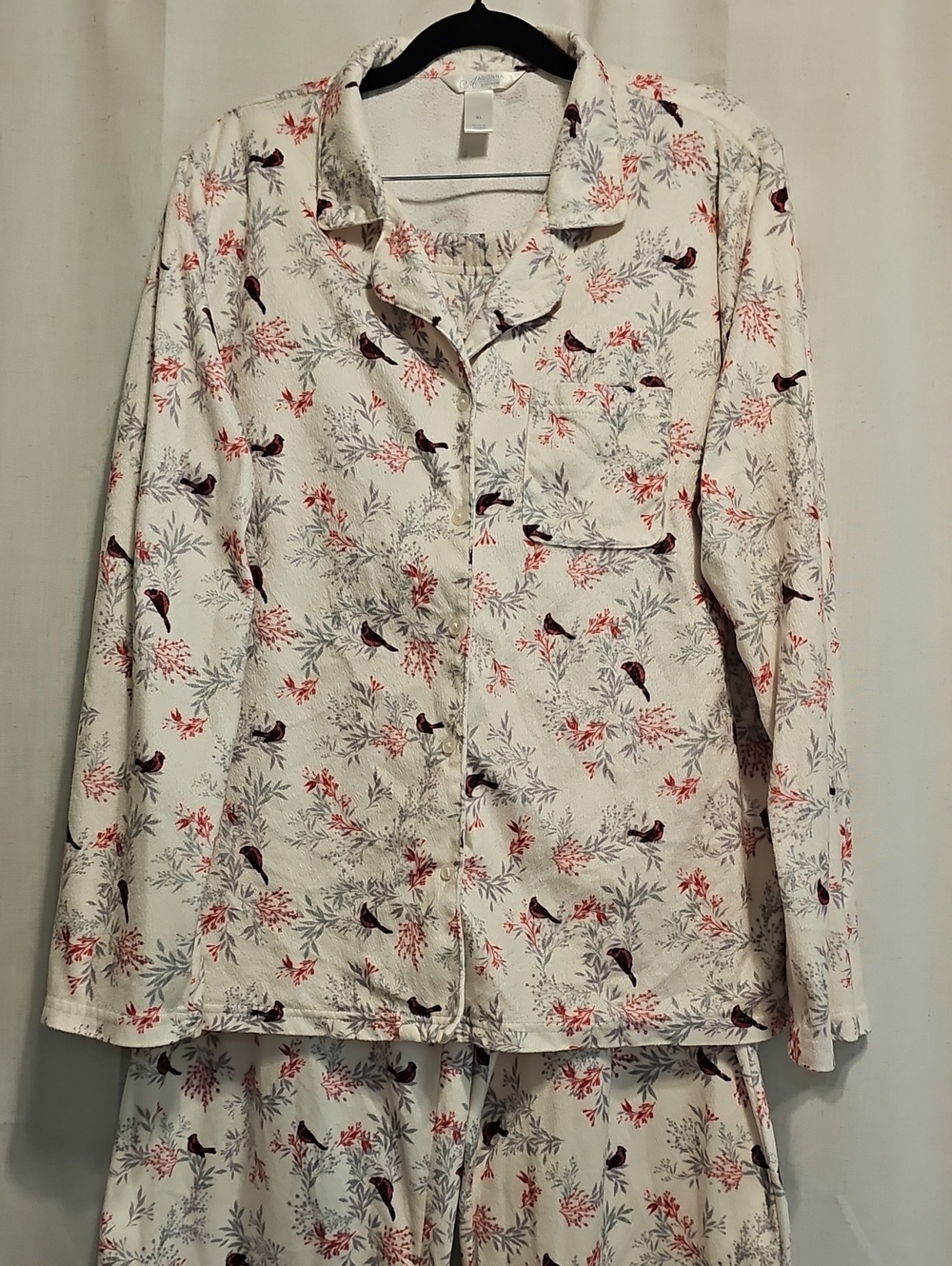 Adonna Cream Flannel Pajama Set with Red & Gray Cardinal Print